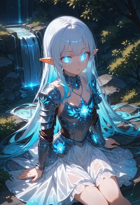 (score_9,score_8_up,score_7_up,),
1girl, girl knight, beautiful detailed eyes, glowing eyes, blunt bangs, gradient hair, pointy ears, [pearl:opal:0.5] armor, armored dress, 
waterfall, scenery, outdoors, wariza, sitting, from above, looking at viewer,
detailed Illustration, official artwork, wallpaper, official art, night, dappled moonlight,
<lora:bioluminescent_dress-PD-1.0-full:0.4> bioluminescent dress,
<lora:detailed_backgrounds_v2:0.4>
<lora:IOS_Iridescent_opal_style:0.4>
<lora:absurdres_quality:0.4> masterpeice, best quality, very aesthetic, absurdres