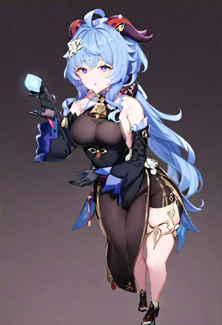 ganyu \(genshin impact\), ganyu_(twilight_blossom)_(genshin_impact), 
blue_hair, long_hair, purple_eyes, sidelocks, medium_breasts, goat_horns, ahoge, detached_sleeves, black_gloves, bare_shoulders, tassel, sleeveless_dress, thighlet, black_dress, black_sleeves, hair_flower, white_flower
masterpiece, best quality, very aesthetic, absurdres, 1milf, 1adult, solo, full_body, tachi-e,