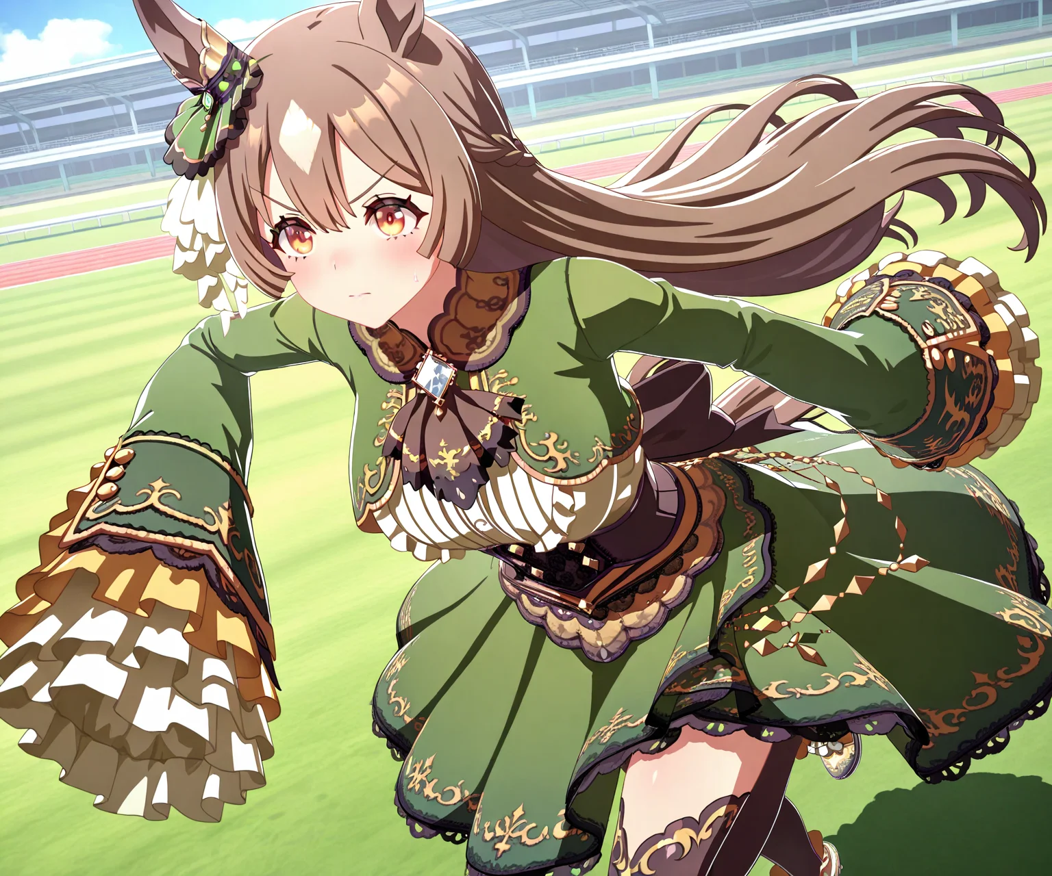 masterpiece, best quality, amazing quality, , 1girl, solo,umamusume, racetrack, running, serious,   <lora:Satono Diamond in game style 3D ILL-v2.1:1> ummsmingame, 3d, satono diamond \(umamusume\), sleeves past fingers