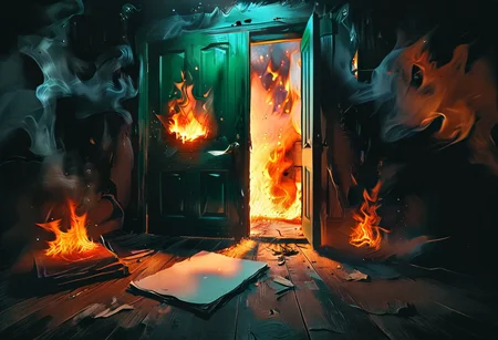 <lora:flame silhouette:1>, <lora:flame:1>, flame,
burning office green door, office,
graphic style of novel comics, perfect hands, 2d,
8k, hyperrealism, masterpiece, high resolution, best quality, ultra-detailed, super realistic, Hyperrealistic art, high-quality, ultra high res, highest detailed, lot of details, Extremely high-resolution details, incredibly lifelike, colourful, soft cinematic light,