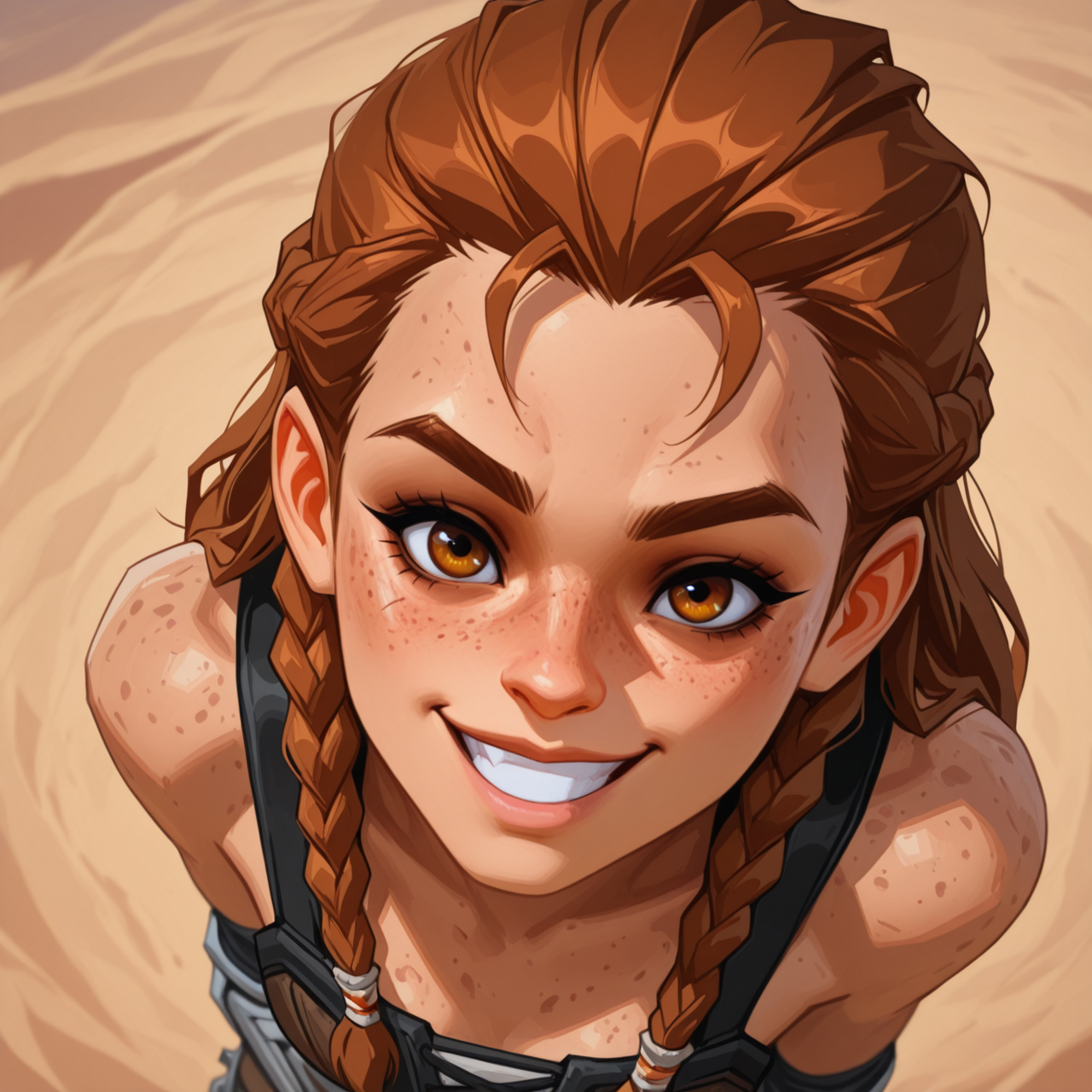 1girl, 
Aloy, Horizon Zero Dawn, freckles, braids,
official style, 
from above ,
grin 
excited  pose, 
happy eyes  
,
 <lora:DarkfireStyle13:1.25>