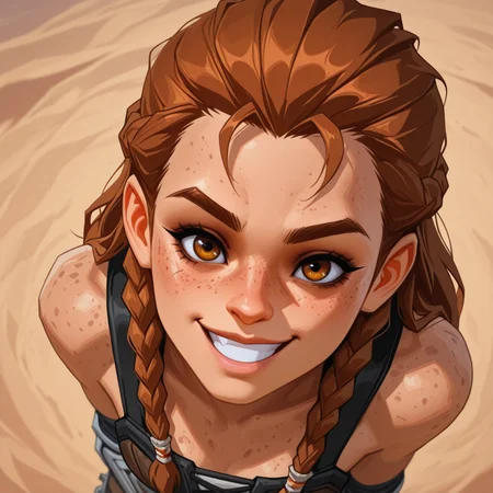 1girl,
Aloy, Horizon Zero Dawn, freckles, braids,
official style,
from above ,
grin
excited pose,
happy eyes
,
<lora:DarkfireStyle13:1.25>