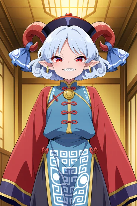 absurdres, highres, masterpiece, best quality, amazing quality, official anime artwork, screencap, anime screencap, indoors, looking at viewer, light smile, 
 <lora:Yuuma-Toutetsu_Illustrious:1> toutetsu yuuma, 1girl, solo, red eyes, white hair, short hair, curly hair, red horns, curled horns, sharp teeth,, horn ribbon, blue ribbon, toutetsu yuuma \(all-you-can-devour banquet\), alternate costume, qingdai guanmao, black hat, red hat, chinese clothes, blue chinese clothes, long sleeves, sleeves past fingers, sleeves past wrists, wide sleeves, meandros print, red sleeves, black pants,
