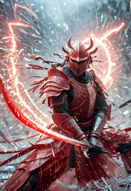 1man, armored samurai in red armor, wearing samurai helmet and armor, Incoming sword, broken glass, reflection, glowing lightning slash, red katana, red lightning, shatter, holding sword, glowing sword, motion blur, emphasis line, outdoor in the darkness, looking viewer,