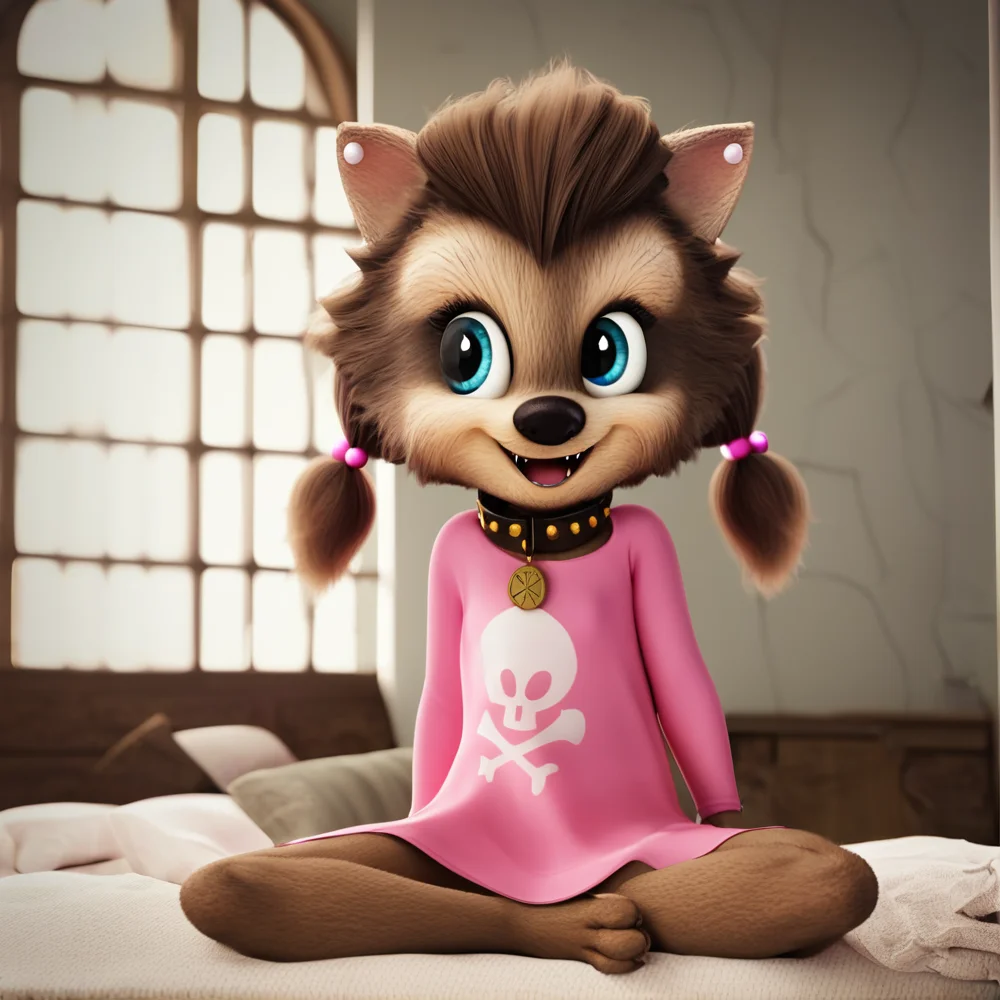 hi res, best quality, female, Score_9, score_8, score_7 BREAK, best anatomy, (solo), small body, young, petite, ultra detailed, short, (source_cartoon), (((show accurate))), (masterpiece), <lora:Winnie_Werewolf:1>, winnie_werewolf_ht, furry, blue eyes, collar, pink dress, ponytails, bows, animal nose, jewelry, furry female, animal ears, twintails, indoors, smile, full body, open mouth, sitting