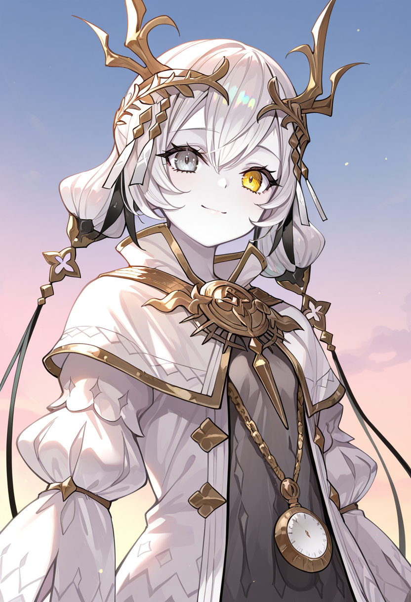 1girl, sole, masterpiece, best quality, high quality, kara ideasu(ryza), white hair, short hair, hair ornament, pale skin, heterochromia, yellow eyes, grey eyes, grey dress, white coat, pendant watch,upper body, looking at viewer, smile, close mouth, sky, sun