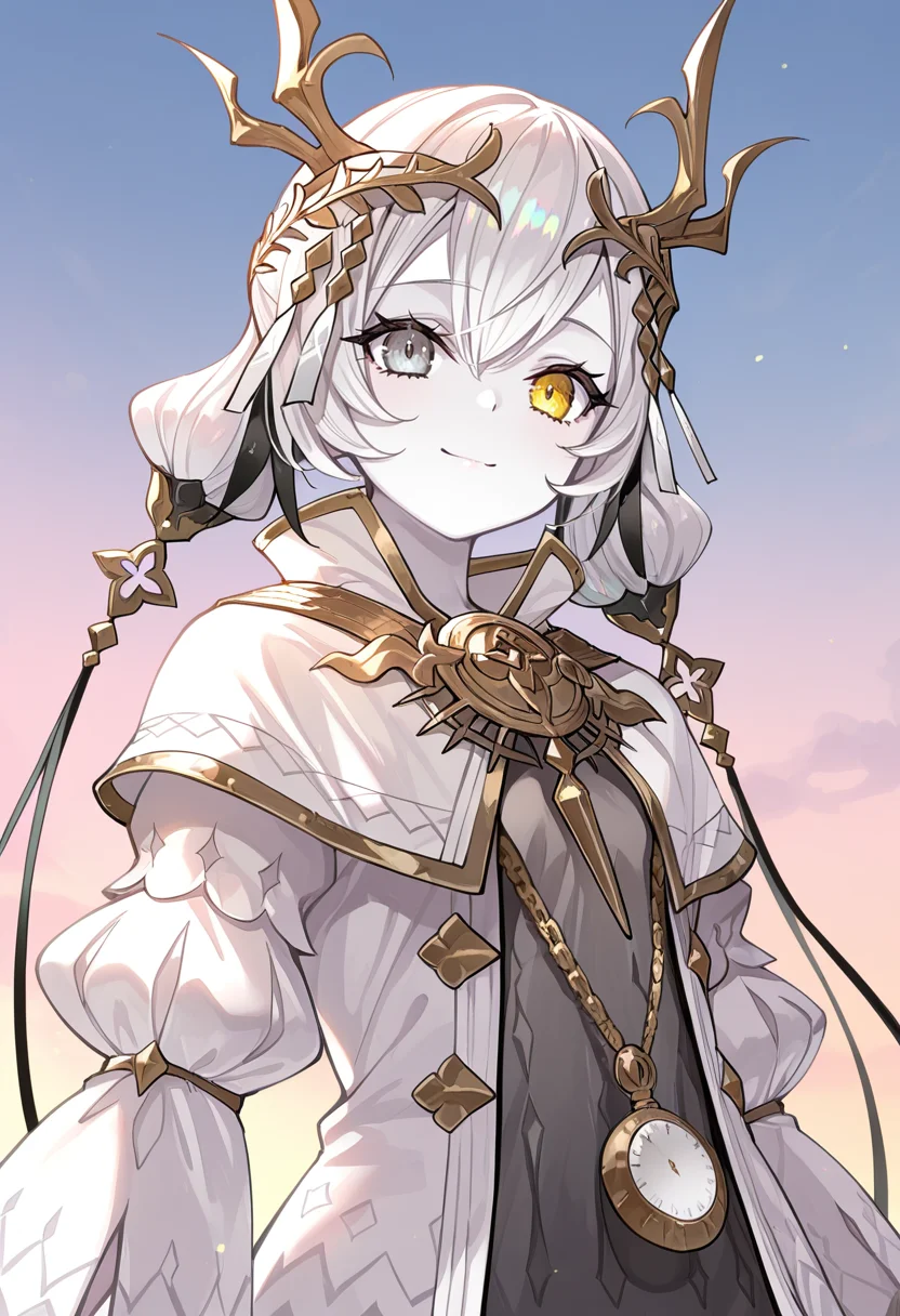 1girl, sole, masterpiece, best quality, high quality, kara ideasu(ryza), white hair, short hair, hair ornament, pale skin, heterochromia, yellow eyes, grey eyes, grey dress, white coat, pendant watch,upper body, looking at viewer, smile, close mouth, sky, sun