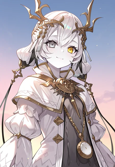 1girl, sole, masterpiece, best quality, high quality, kara ideasu(ryza), white hair, short hair, hair ornament, pale skin, heterochromia, yellow eyes, grey eyes, grey dress, white coat, pendant watch,upper body, looking at viewer, smile, close mouth, sky, sun