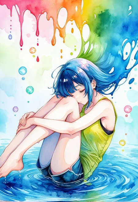 novuschroma65 style watercolor, high quality, 1girl, solo, on water, legs bent, arms around legs, dripping watercolor, color drops on background, abstract, ((paint bubbles different color))
 <lora:novuschroma65 style_b:1> <lora:xl_more_art-full_v1:1>