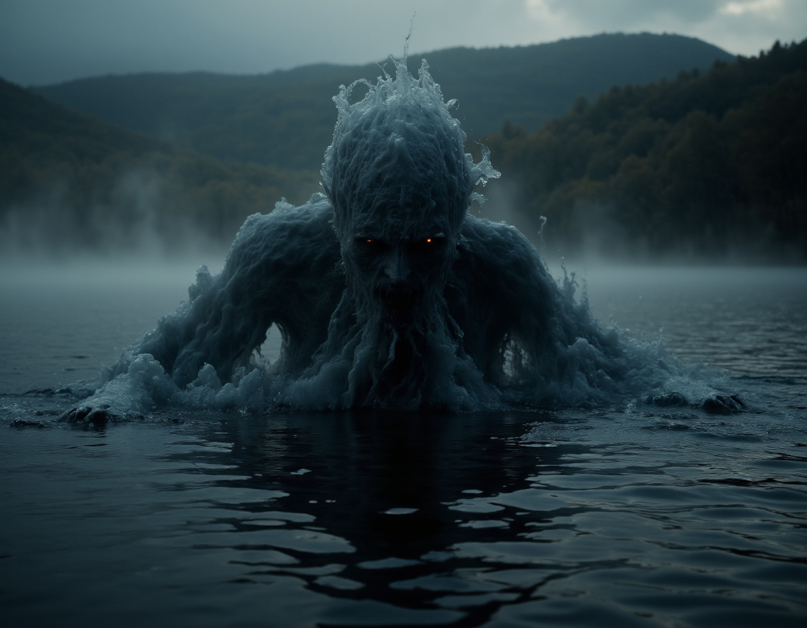 <lora:{moody, }Moody-000019:0.85> moody, A hauntingly realistic 4K image of a dark, foreboding entity emerging from the depths of a serene lake at dusk, its form composed of swirling, murky water that seems to defy the laws of nature. The entity's skin is a deep, rich blue, resembling the darkest tones of the lake's water, with an almost liquid texture that appears to shift and ripple in the fading light. Its features are indistinct, yet menacing, with glowing, ethereal eyes that seem to pierce through the gloom. The surrounding environment is heavily atmospheric, with thick, heavy mist rising from the lake's surface, casting an eerie, impenetrable veil over the scene. The lighting is muted, with the last remnants of sunlight casting long, ominous shadows across the water, and the sky above a deep, foreboding grey. The entity's presence seems to be disturbing the natural balance of the lake, causing the water to churn and foam in a manner that is both captivating and terrifying. The shot is a wide-angle, cinematic view, capturing the full majesty of the entity as it rises from the depths, with a shallow depth of field that blurs the distant trees and hills, drawing the viewer's attention inexorably to the creature. The image features a high level of photorealistic detail, with intricate, realistic renderings of the water's surface, and the entity's dark, liquid form. The overall mood is one of creeping, existential dread, as if the viewer is witnessing something that was meant to remain hidden. The texture of the image is hyper-detailed, with visible ripples and waves on the lake's surface, and the entity's form appears almost tangible, as if it could reach out and touch the viewer at any moment. The color palette is dark and muted, with shades of blue and grey dominating the scene, and the only sound is the faint, unsettling lapping of the water against the shore. The image is a masterclass in building tension and unease, inviting the viewer to step into its dark, mysterious world, and confront the horrors that lurk within. The entity's presence seems to be growing, spreading its dark influence across the lake, and the image captures the moment just before it breaks free from the water's surface, leaving the viewer wondering what will happen next. The scene is frozen in time, a snapshot of a moment that will be etched in the viewer's mind forever, a reminder of the horrors that lurk just beneath the surface of our everyday world. The image ends with an unsettling sense of unease, leaving the viewer to ponder the entity's true nature, and the terror that it inspires. 8k highest resolution with sharp intricate details. Hyperrealistic, detailed, and vivid. . 35mm photograph, film, bokeh, professional, 4k, highly detailed