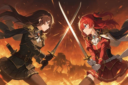 masterpiece, best quality, absurdres, safe
2girls, sword clash, holding sword
<lora:sword_clash_il_2_v4_d16_final:1>
