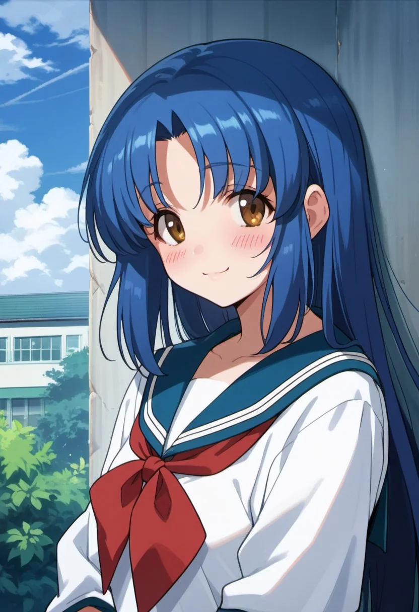 score_9, score_8_up, score_7_up, source_anime, shimizu sayaka, long hair, blue hair, brown eyes, 1girl, solo, school uniform, blush, peeking out, serafuku, :3, looking at viewer, day, smile, anime coloring, outdoors, cloud, blue sailor collar