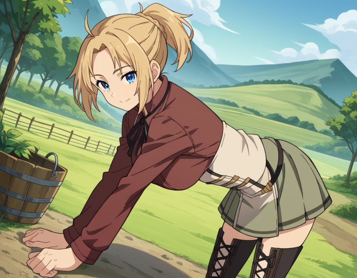 score_9, score_8_up, score_7_up, source_anime,
zenithgreyrat, <lora:zenith-greyrat-s1-ponyxl-lora-nochekaiser:1>,
zenith greyrat, short hair, blonde hair, blue eyes, ponytail, ahoge,
skirt, shirt, thighhighs, long sleeves, ribbon, boots, black thighhighs, thigh boots, brown shirt,
outdoors, landscape, farm, bent over, smile,
looking at viewer, dutch angle, cowboy shot,