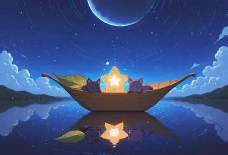 cute style, star_(sky), sky, cloud, cat, night, no_humans, starry_sky, night_sky, star_(symbol), reflection, reflective_water, water, moon, purple cat, closed eyes, calm, small boat, leaf boat, floating, glowing stars, star-shaped objects, water reflection, ripples, deep blue sky, whimsical, dreamlike, fantasy setting, soft lighting, glowing effect, surreal, Masterpiece, best quality, amazing quality, highres, absurdes, n0riuma_illu, 4ur4_illu, H4ru_illu, <lora:fd42de01-c707-4020-93ca-778ac7fd86aa:0.8>, <lora:3de9c4aa-959d-49dc-9a1d-352af9867780:0.7>, <lora:3c09207c-af0e-4528-95c6-694bb1e127d3:0.7>, <lora:05d0def5-1dce-4ae4-918a-2cdb8c311080:0.4>