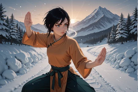 masterpiece,best quality,amazing quality,newest, absurdres, highres, detailed eyes, beautiful, perfect eyes, finely detailed face, very aesthetic,
<lora:Mia:1> 1girl, miawl, black hair, short hair, blue eyes, small breasts,slim,
shaolin clothes, orange toga,
mountain, snow, action stance, wind motion lines,
light depth, dramatic atmospheric lighting, Volumetric Lighting