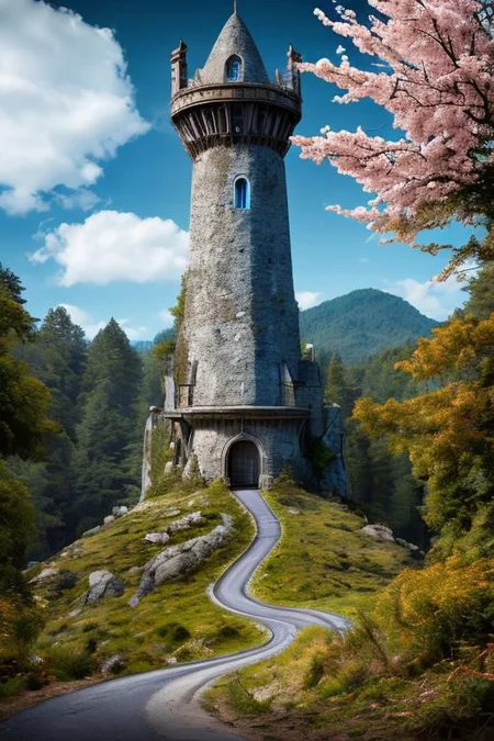 realistic analog photo, award winning photo, GraniteWorld Granite witow, no humans, scenery, blue sky, road, nature, outdoors, RAW, highres, 8k, uhd, High Dynamic Range, tonemapping, crisp details, portcullis,