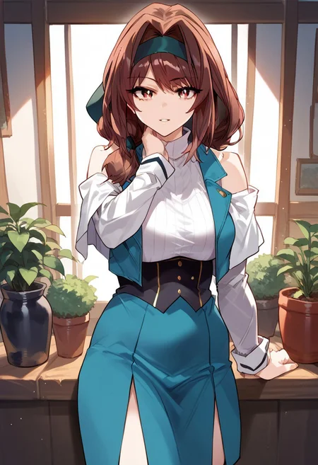 zPDXL3, score_9_up, score_8_up, score_7_up, (Anime_source), 1girl,Anna, reddish eyes, brown hair, long hair, low-tie ponytail, hair over shoulder, Anna clothes, parted lips, looking at viewer, cowboy shot, from front, guild mercenary room, indoor, plant pot