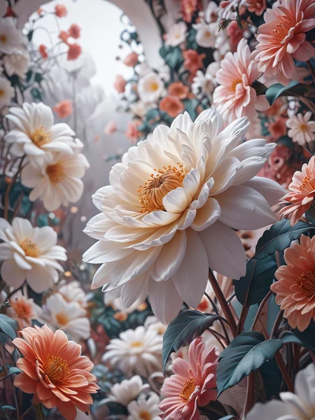 abstract, concept: a dream in full bloom, floral elements, big flowers, intricate, stunning, mimalist, white, subtle, classy, luxury, magical realm effect, enchanting, illustration, beauty of contrast color pairing, east meets west, juxtaposition, cinematic, <lora:Cute_3D_Cartoon:0.8>