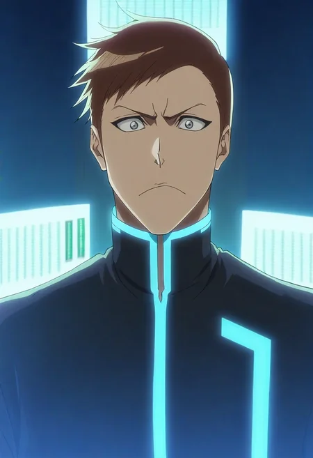 masterpiece, best quality, anime screencap, intricate details, looking at viewer, , 1boy, male focus, silver eyes, ash brown hair, razor cut,, solo, quantum lab, holographic displays, energy fields, data streams, working pose, concentrated expression, blue lighting, <lora:bleach_tybw_style_ilxl:0.96>, bleach_tybw_style,