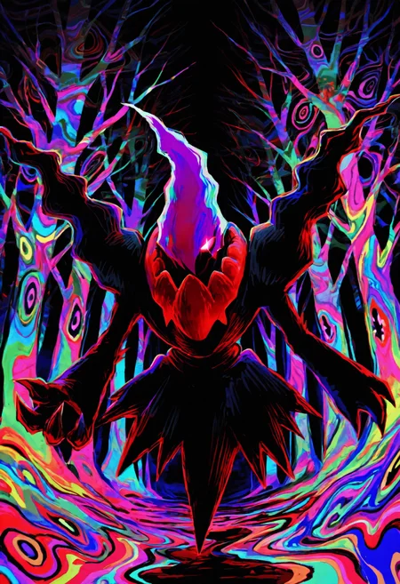 <lora:Style_OtonohaAika:1>, colorful, abstract background, horror \(theme\), forest, darkrai, psychedelic, dark, glowing eyes, reaching towards viewer, wide shot, masterpiece, best quality