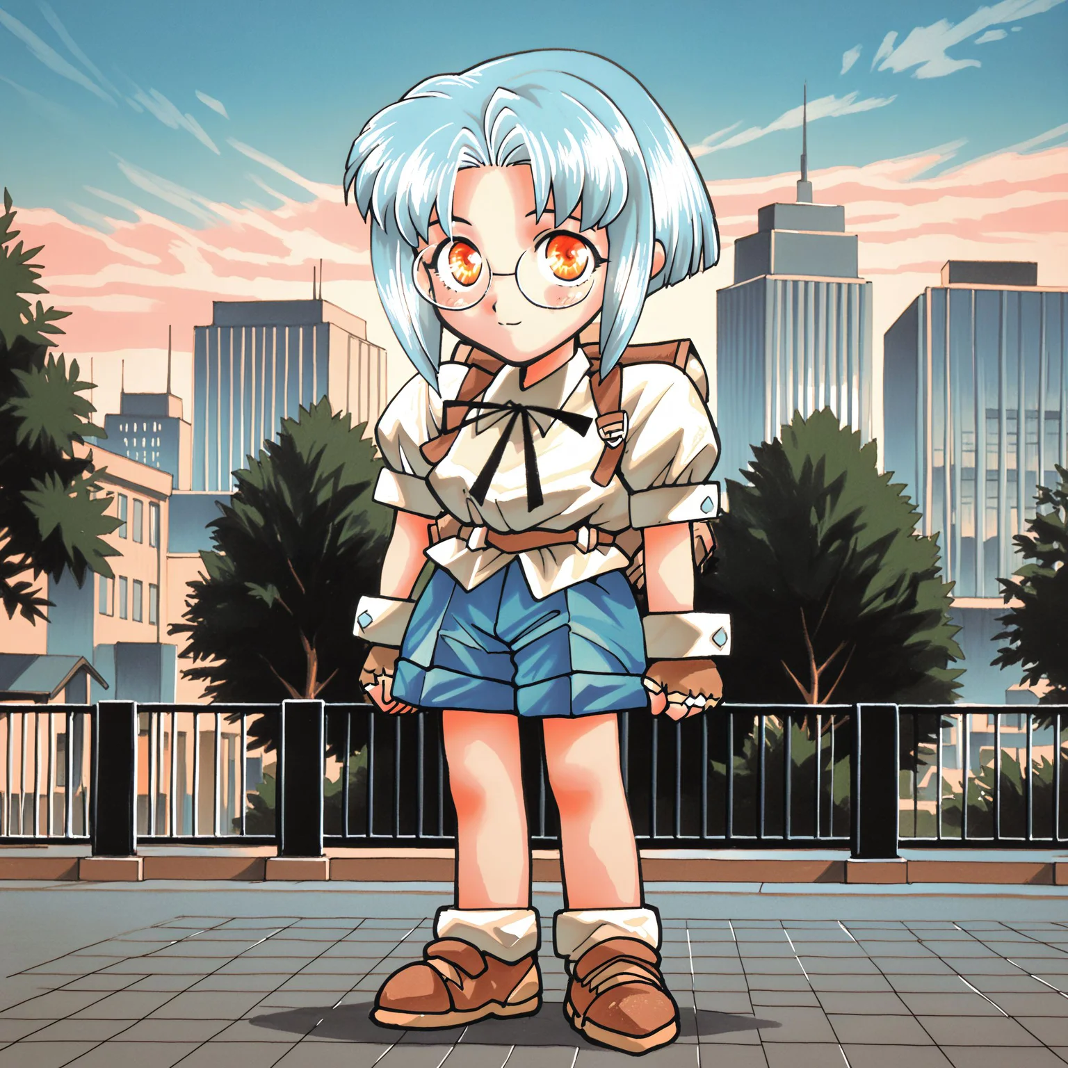 (masterpiece, best quality:1.2), amazing quality, very aesthetic, absurdres, perfect detail, 1990s \(style\),
city, park, building background,
standing, arms at side, light smile, looking at viewer,
chibi, tavia, blue hair, bangs, short hair, glasses, orange eyes, round eyewear, collared shirt, white shirt, puffy short sleeves, black bowtie, jetpack, wrist cuffs, fingerless gloves, belt, blue shorts, shoes, brown footwear
<lora:XL_Ill_game-Gunbird2-tavia-t3:1.3>