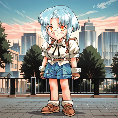 (masterpiece, best quality:1.2), amazing quality, very aesthetic, absurdres, perfect detail, 1990s \(style\),
city, park, building background,
standing, arms at side, light smile, looking at viewer, 
chibi, tavia, blue hair, bangs, short hair, glasses, orange eyes, round eyewear, collared shirt, white shirt, puffy short sleeves, black bowtie, jetpack, wrist cuffs, fingerless gloves, belt, blue shorts, shoes, brown footwear
<lora:XL_Ill_game-Gunbird2-tavia-t3:1.3>