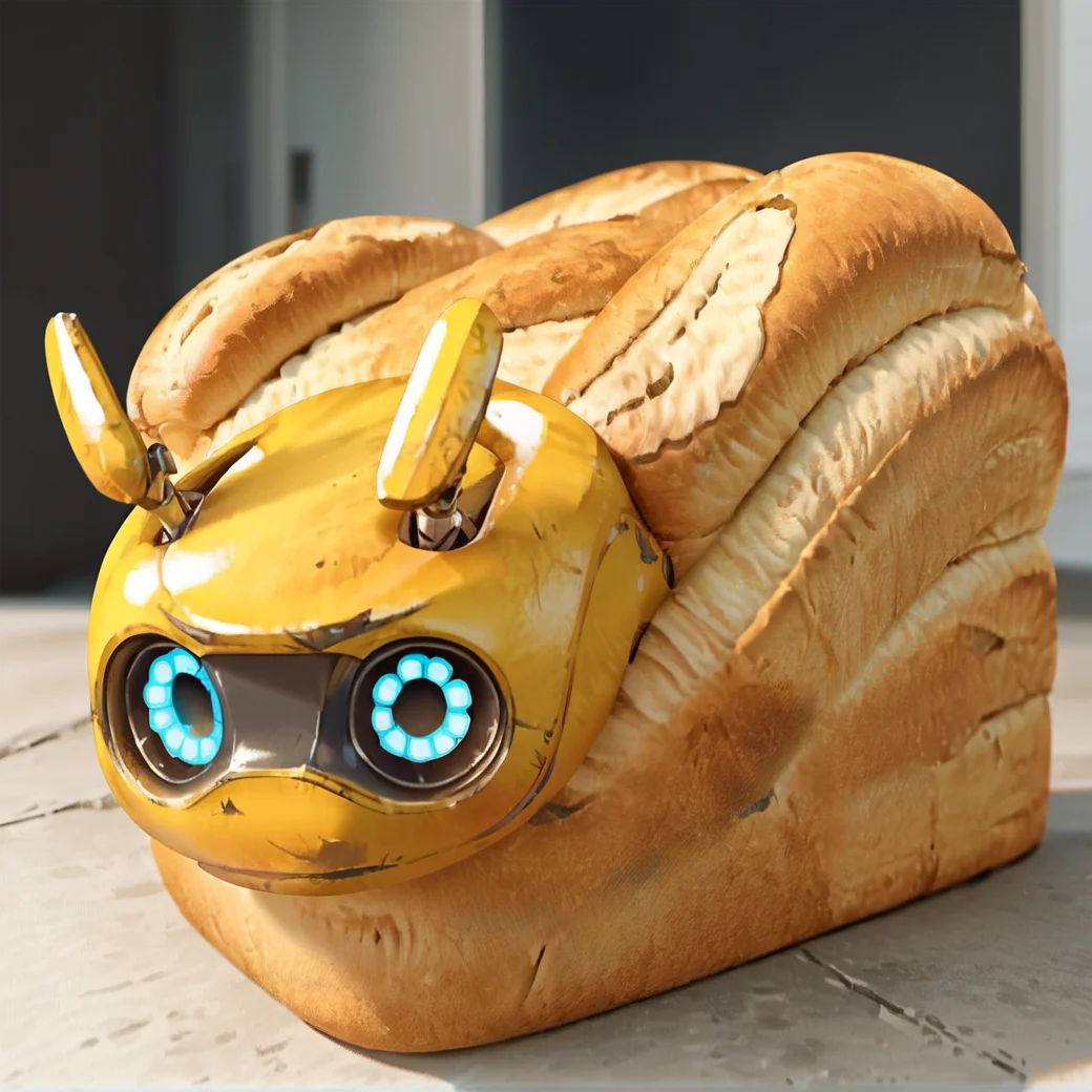anime artwork score_9, score_8_up, score_7_up, best quality, high quality, highly detailed, cel shading, source_cartoon, <lora:Smooth Style LoRA XL:0.6> buggcru, small antennas, yellow robot, glowing blue eyes, face on bread, <lora:Bread Concept - Pony Diffusion v6 SDXL:0.75> <lora:bugg_Crucible-10:0.8>