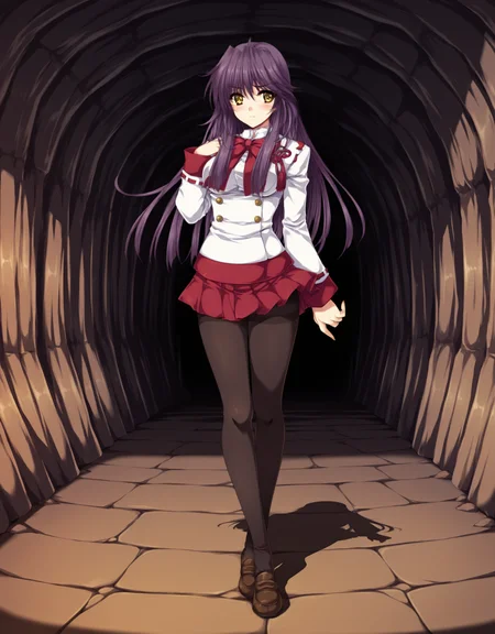 masterpiece,best quality,very aesthetic,zPDXL,
1girl,cave,indoors,close-up,dynamic_pose,solo,purple hair,long hair,full body,yellow eyes,uncensored,<lora:yae_new-000029:0.9>,blush,standing,pantyhose,bow,school uniform,red bow,skirt,long sleeves,black pantyhose,bowtie,red bowtie,buttons,ribbon trim,yae_d2,
