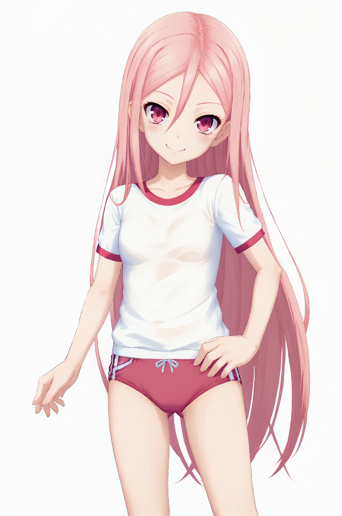 1girl, solo,
white background,
luciaPangya, very long hair, pink hair, pink eyes,
startSet, gym uniform, red buruma, white shirt, sandal,
smile, 
standing, upper body,
 <lora:luciaPangyaPonyV1.0:0.95>