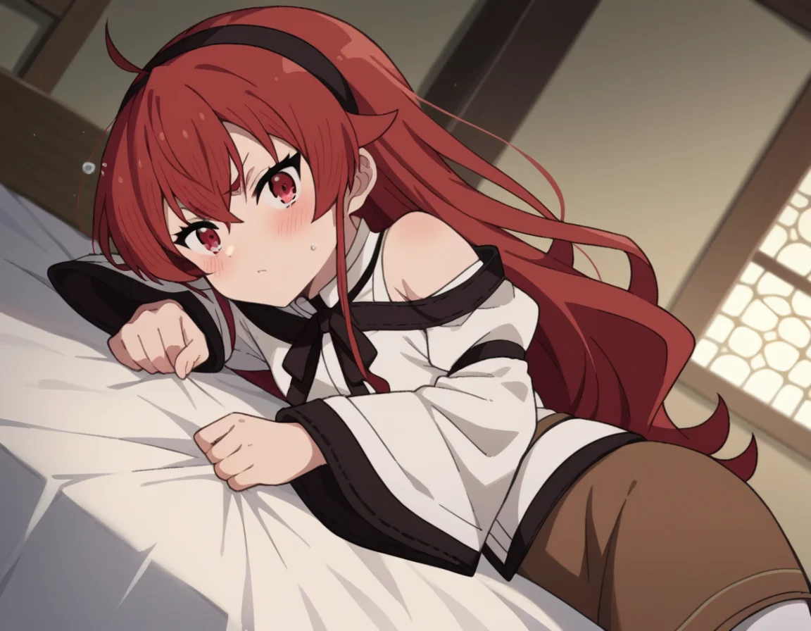 score_9, score_8_up, score_7_up, source_anime,
erisgreyrat, <lora:eris-boreas-greyrat-s1-ponyxl-lora-nochekaiser:1>,
eris greyrat, ahoge, hair between eyes, long hair, red eyes, red hair, sidelocks,
black hairband, black ribbon, brown skirt, hairband, long sleeves, neck ribbon, pantyhose, ribbon, shirt, shoulder cutout, skirt, white pantyhose, white shirt, wide sleeves,
indoors, bed, bed room, on side, blush, drunk,
looking at viewer, dutch angle, cowboy shot,