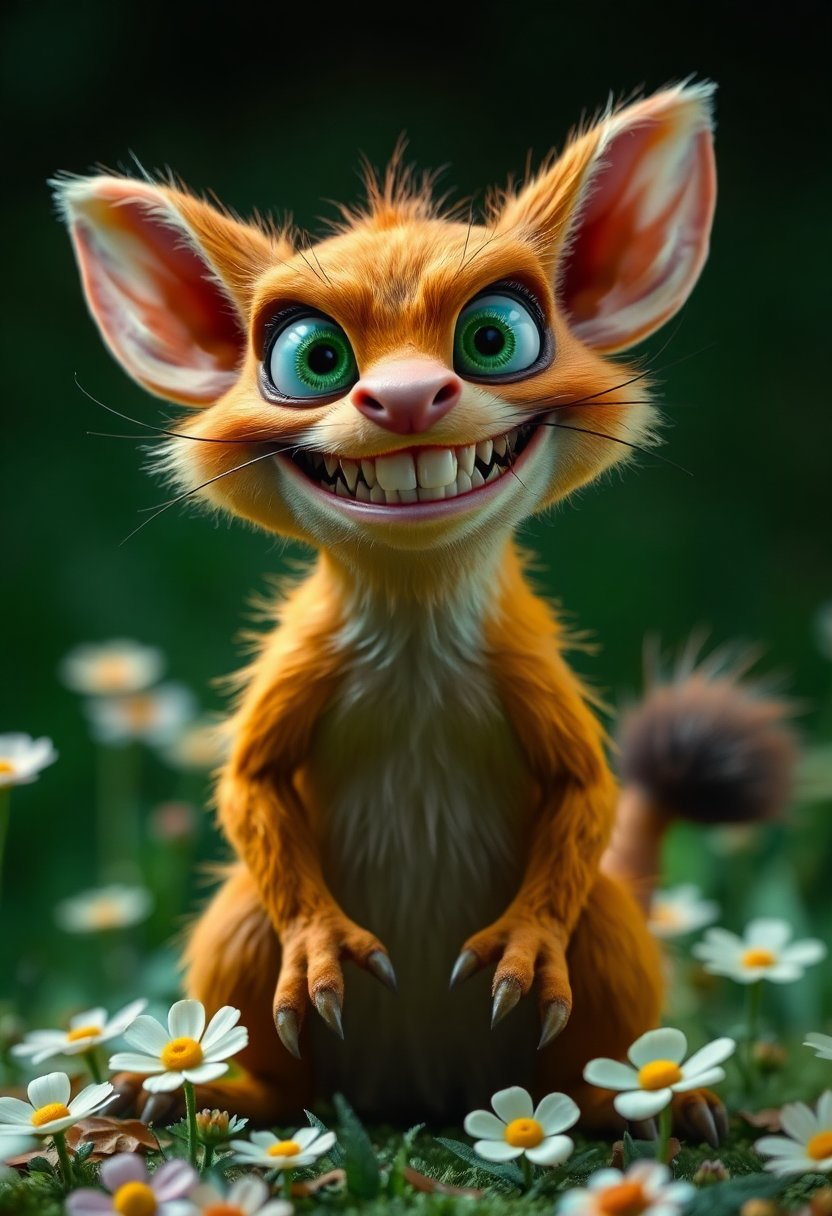 The image shows an exaggerated, cartoon-like creature with large green eyes, sharp teeth, and a wide, mischievous smile. It has a yellowish-brown fur coat, long whiskers, and sharp claws, with a bushy tail. The setting is a simple flowers green background.  highly detailed, high contrast, film grain, Rim Lighting, absurdres, amazing quality,,solo, smile, simple background, animal ears, sitting, tail, full body, teeth, cat ears, grin, cat tail, no humans, cat, sharp teeth, black background, claws, outline, green theme,realistic,, rich vivid colors, fertile, professional creative, dynamic cinematic perfect background, very coherent 