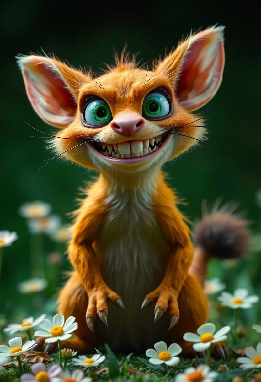 The image shows an exaggerated, cartoon-like creature with large green eyes, sharp teeth, and a wide, mischievous smile. It has a yellowish-brown fur coat, long whiskers, and sharp claws, with a bushy tail. The setting is a simple flowers green background. highly detailed, high contrast, film grain, Rim Lighting, absurdres, amazing quality,,solo, smile, simple background, animal ears, sitting, tail, full body, teeth, cat ears, grin, cat tail, no humans, cat, sharp teeth, black background, claws, outline, green theme,realistic,, rich vivid colors, fertile, professional creative, dynamic cinematic perfect background, very coherent
