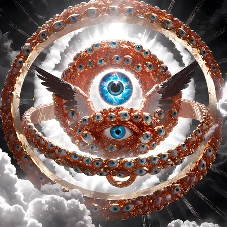 seraphins, mystical creature with hundreds of eyes and wings, with the shape of a giant ring, circular hoops around body, massive size, angelical lights <lora:Seraphins1.0-000038:0.8>