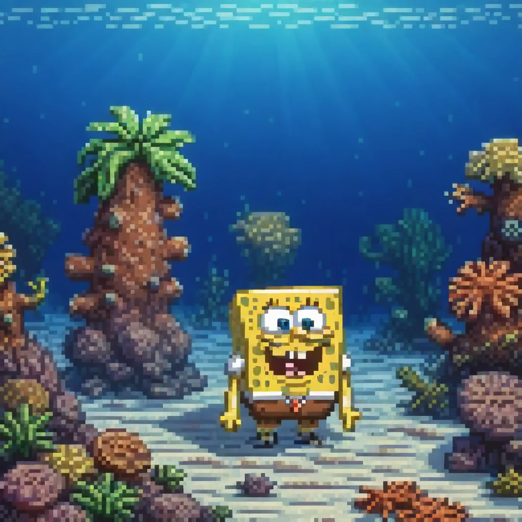 (Spongebob standing on the ocean floor), (Bikini Bottom underwater reef background), (beautiful detailed pixel art)