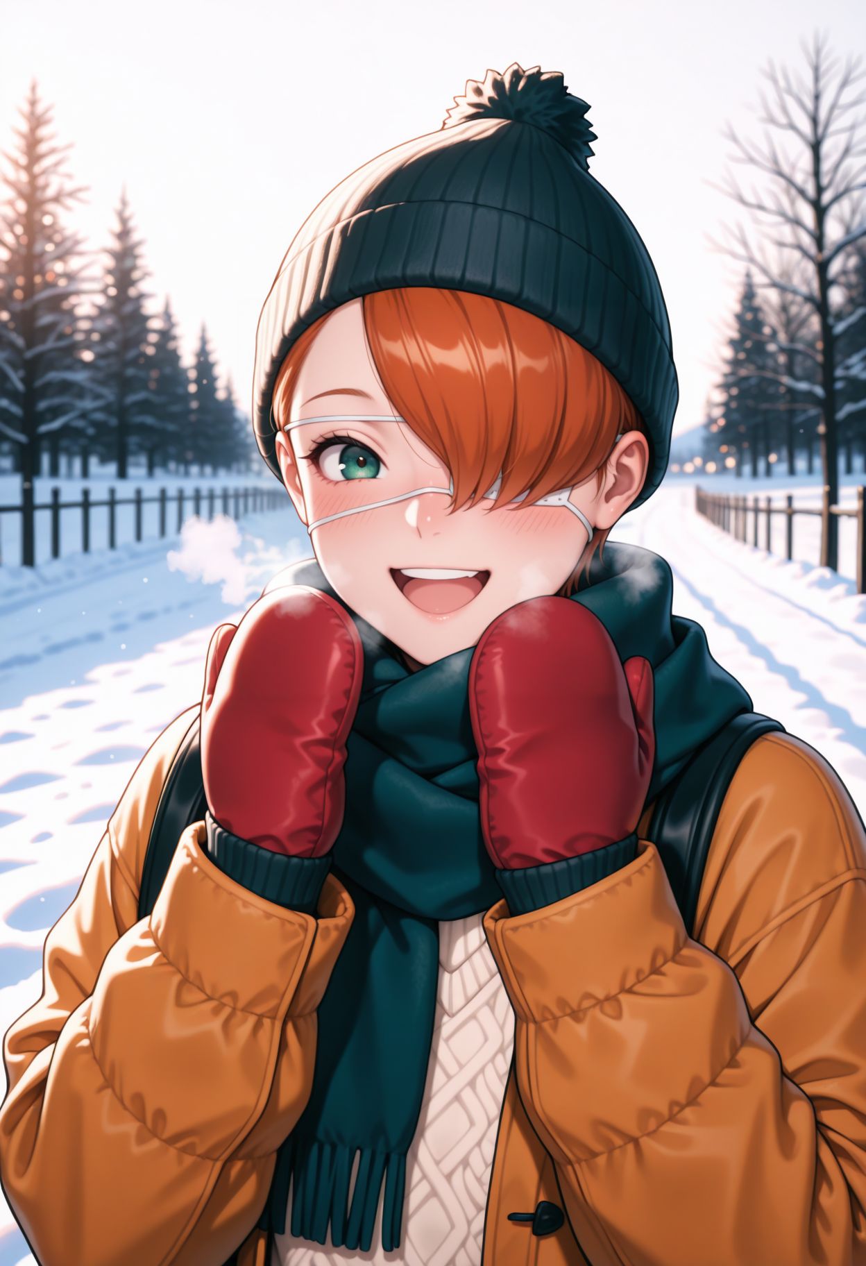 masterpiece,best quality,absurdres,highres,very aesthetic,high quality,detailed,insanely detailed,beautiful,perfect lighting, looking at viewer, 
<lora:Kuin Hachisuka illu:1>1girl, short hair, orange hair, green eyes, white eyepatch, hair over one eye, winter, snowfield, sweater, long skirt, outdoors, scarf, winter, smile, blush, upper body, abstract background, beanie, portrait, alternate costume, white background, looking at viewer, smile, mittens, blush, scarf, heavy breathing, open mouth, hat, winter clothes, pom pom \(clothes\)