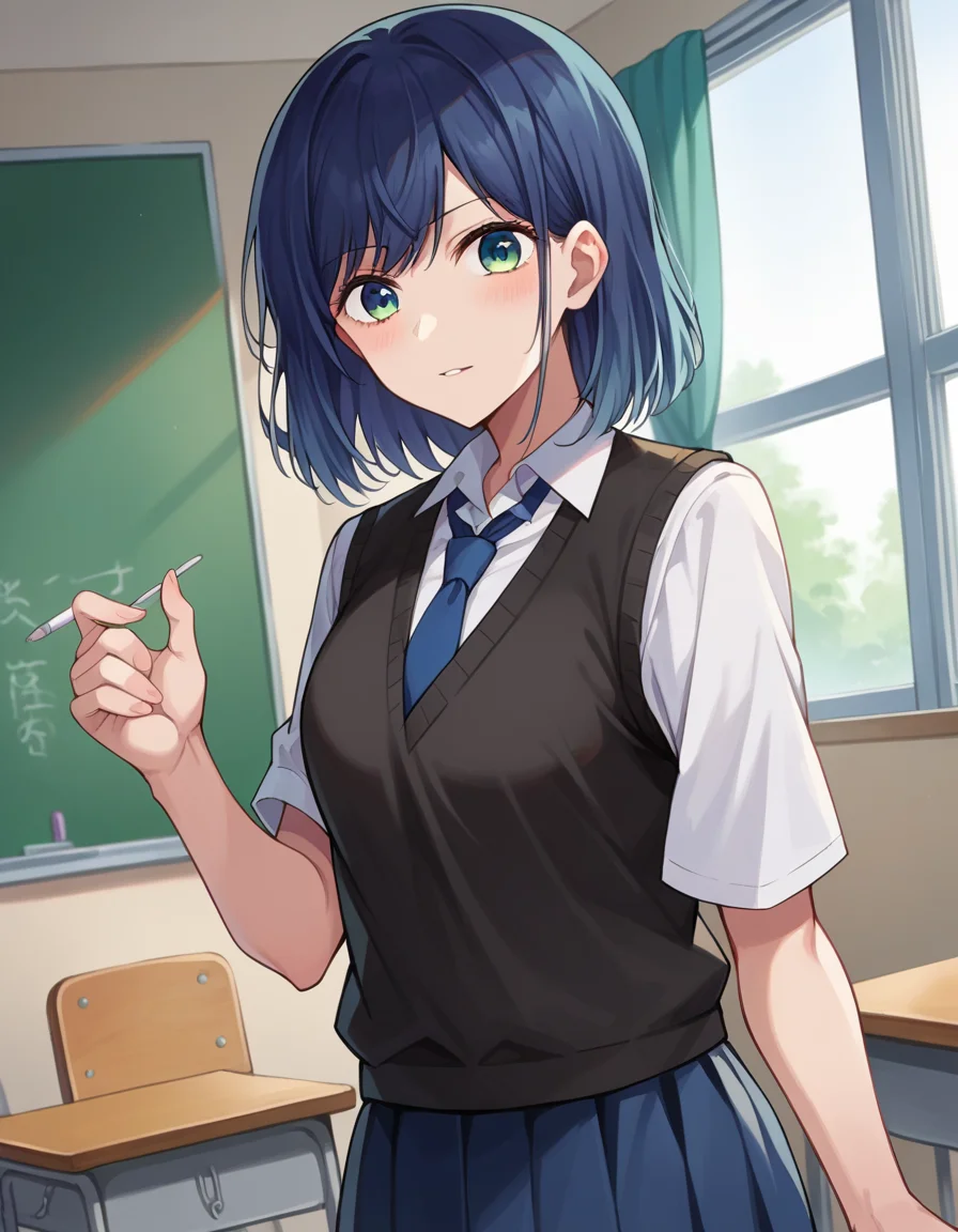 score_9, score_8_up, score_7_up, source_anime,
akanekurokawa, <lora:akane-kurokawa-ponyxl-lora-nochekaiser:1>,
akane kurokawa, bangs, green eyes, blue hair, medium hair, dark blue hair,
shirt, school uniform, white shirt, necktie, collared shirt, vest, blue necktie, skirt, blue skirt,
indoors, classroom,
looking at viewer, cowboy shot, dutch angle,
