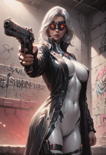 score_9, score_8_up, score_7_up,
beautiful aesthetic, very intricate, high quality details,
ultra realistic, masterpiece, high detailed skin,
vibrant, highly detailed, award-winning, professional BREAK
1girl, solo, mature female, white bodysuit, long coat, black coat, open coat,
silver hair, large breasts,
thigh holster,
(BrnWshV), (head-mounted_display), red display, cowboy shot,
serious, right pistol, holding pistol, aiming at viewer, from side,
indoors, graffiti, detailed background, night lighting, vivid colours,
science fiction, night, red glowing, neon
<lora:incase-ilff-v3-4:0.3> <lora:gg3:0.3> <lora:princess_xl_v2:0.4> <lora:T-Rex_Studio_Style_v2.0:0.5> <lora:v1BrnWshVisor:1> <lora:Pony_Guns:0.8>āāā <lora:dark:0.8>