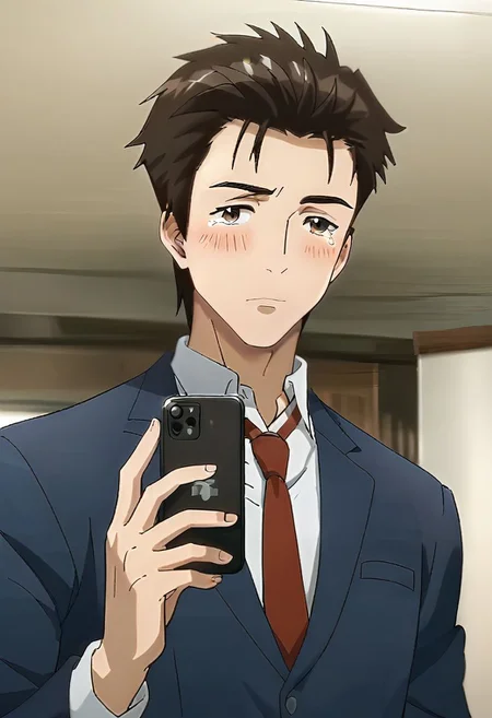 (score 9, score 8 up, score 7 up),((source anime, best quality, best aesthetic, perfect anatomy)),1boy,male focus,handsome detailed face,black eyes,blazer,collared shirt,slim body,skinny,necktie,solo,((Tearing Clothes, talking on phone, Warm light, year of the rabbit, back view, panoramic view)),<lora:Shinich:1>,shinichi,<lora:Smooth Anime 2 Style SDXL_LoRA_Pony Diffusion V6 XL:1>,<lora:aesthetic_anime_v1s:1>,