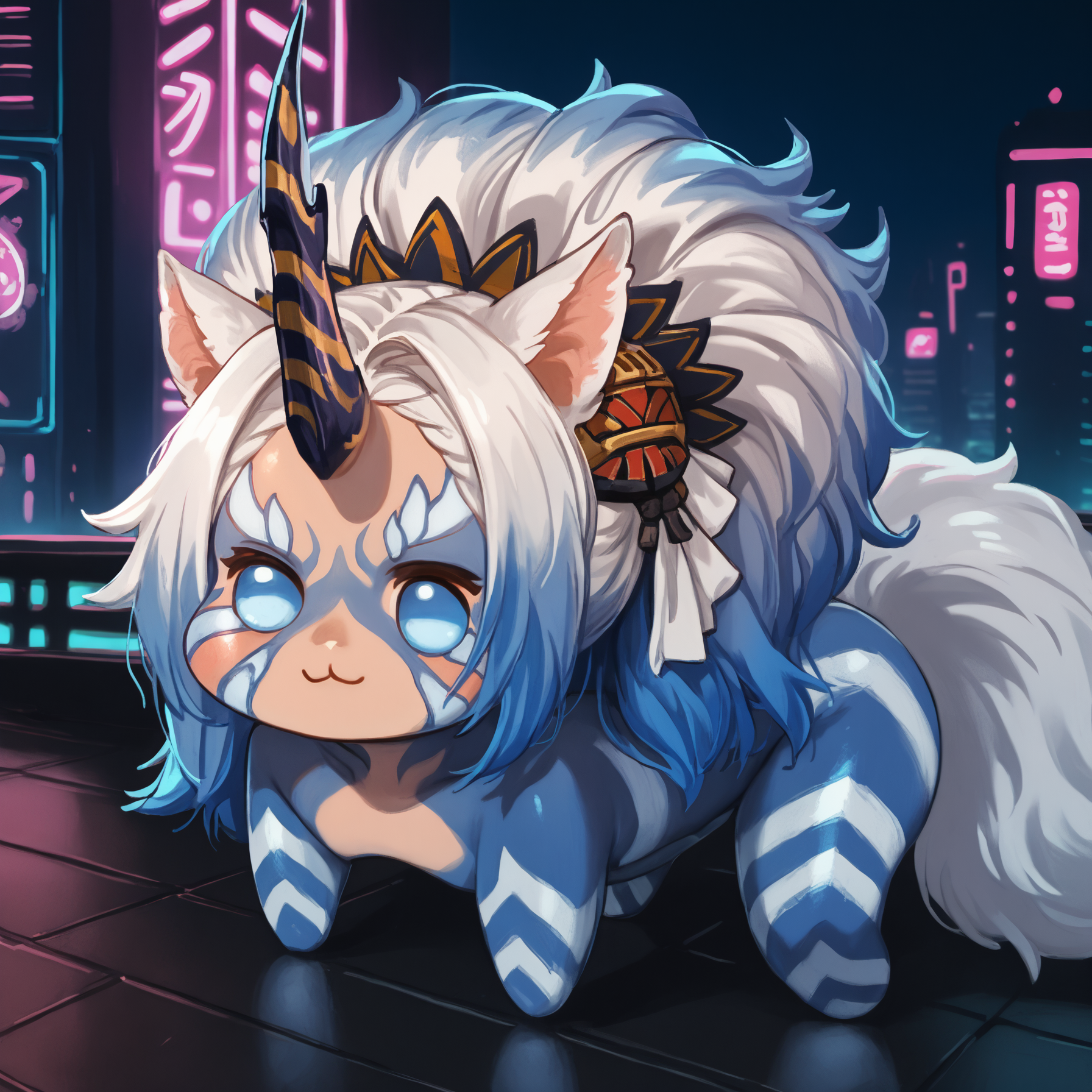score_9, score_8_up, score_7_up, 1girl, eutropefur, anthro, colored skin, animal ears, furry, multicolored fur, striped fur, single horn, multicolored horn, bodypaint, facial mark, white eyes, no pupils, big hair, long hair, multicolored hair, white tail, 
naked,
<lora:Doro_X_PDXL_V1:1.1>, doro, creature, :3, chibi, no humans, four legs, solid circle eyes, no pupils, all fours, solo,
outdoors, arena, sci-fi, science fiction, futuristic, neon lights, cityscape,
<lora:Wicked-Thunder-Eutrope-PDXL_V1-Manityro-CAME:1.0>,