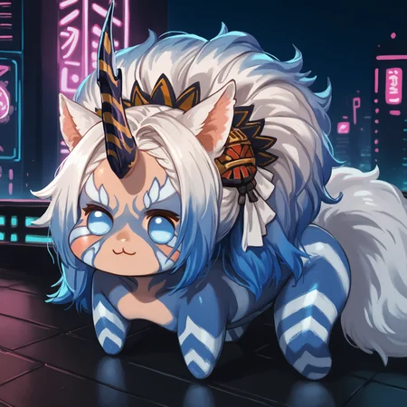 score_9, score_8_up, score_7_up, 1girl, eutropefur, anthro, colored skin, animal ears, furry, multicolored fur, striped fur, single horn, multicolored horn, bodypaint, facial mark, white eyes, no pupils, big hair, long hair, multicolored hair, white tail,
naked,
<lora:Doro_X_PDXL_V1:1.1>, doro, creature, :3, chibi, no humans, four legs, solid circle eyes, no pupils, all fours, solo,
outdoors, arena, sci-fi, science fiction, futuristic, neon lights, cityscape,
<lora:Wicked-Thunder-Eutrope-PDXL_V1-Manityro-CAME:1.0>,