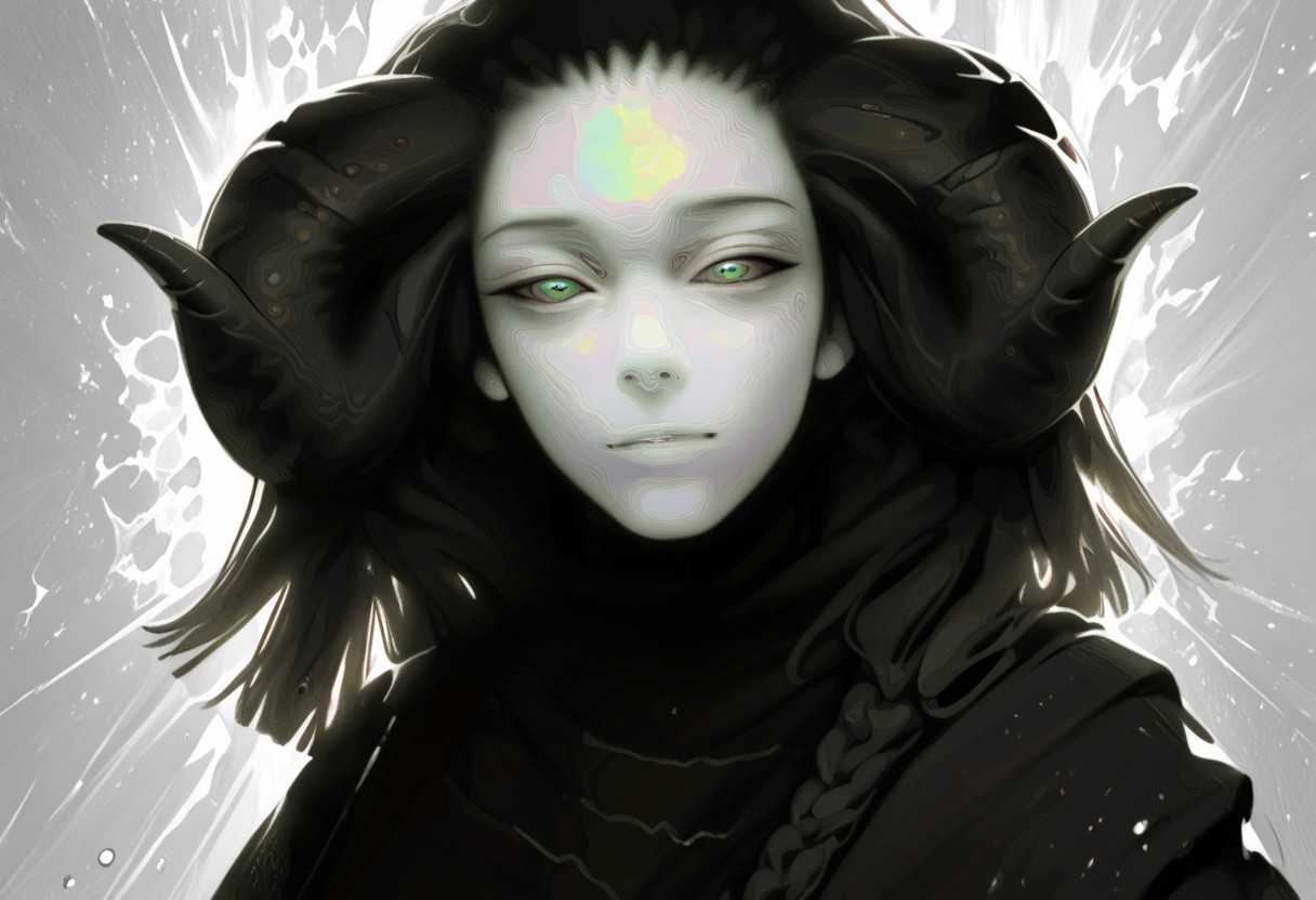 female, cel-shading, backlit, big eyes, cute eyes, delicate features, long hair, (braided hair), black hair, portrait, smug, seductive eyes,   techwear, cyborg, cybernoir, heavy rain, rainrops, (((dark))), sexy, sensual glare, teal eyes, black sclera,  big chest, solo, extreme closeup, h0rns, ram horns, broken glass, reflection, upper body,