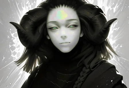 female, cel-shading, backlit, big eyes, cute eyes, delicate features, long hair, (braided hair), black hair, portrait, smug, seductive eyes, techwear, cyborg, cybernoir, heavy rain, rainrops, (((dark))), sexy, sensual glare, teal eyes, black sclera, big chest, solo, extreme closeup, h0rns, ram horns, broken glass, reflection, upper body,