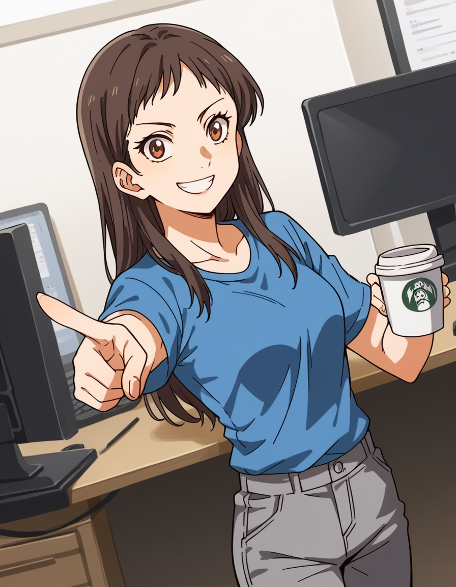 score_9, score_8_up, score_7_up, source_anime, <lora:emi-igawa-s1-ponyxl-lora-nochekaiser:1>,, emi igawa, long hair, brown eyes,, shirt, pants, blue shirt, grey pants, capri pants,, home office, working from home, computer screen, coffee cup, focus, deadline, smile, , hand pointing index finger, solo,, cowboy shot, dutch angle