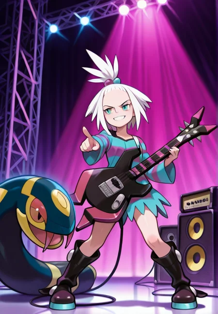 masterpiece, best quality, amazing quality, very aesthetic, absurdres,  newest, detailed background,
roxie, 1girl, smile, short hair, blue eyes, hair ornament, dress, standing, white hair, boots, black footwear, striped clothes, pokemon (creature), fangs, short dress, knee boots, spiked hair, pointing, hair bobbles, instrument, forehead, freckles, music, guitar, holding instrument, striped dress, topknot, electric guitar, stage, speaker, stage lights, bass guitar, amplifier, seviper
 <lora:Roxie_-_Pokemon_Illustrious:1>