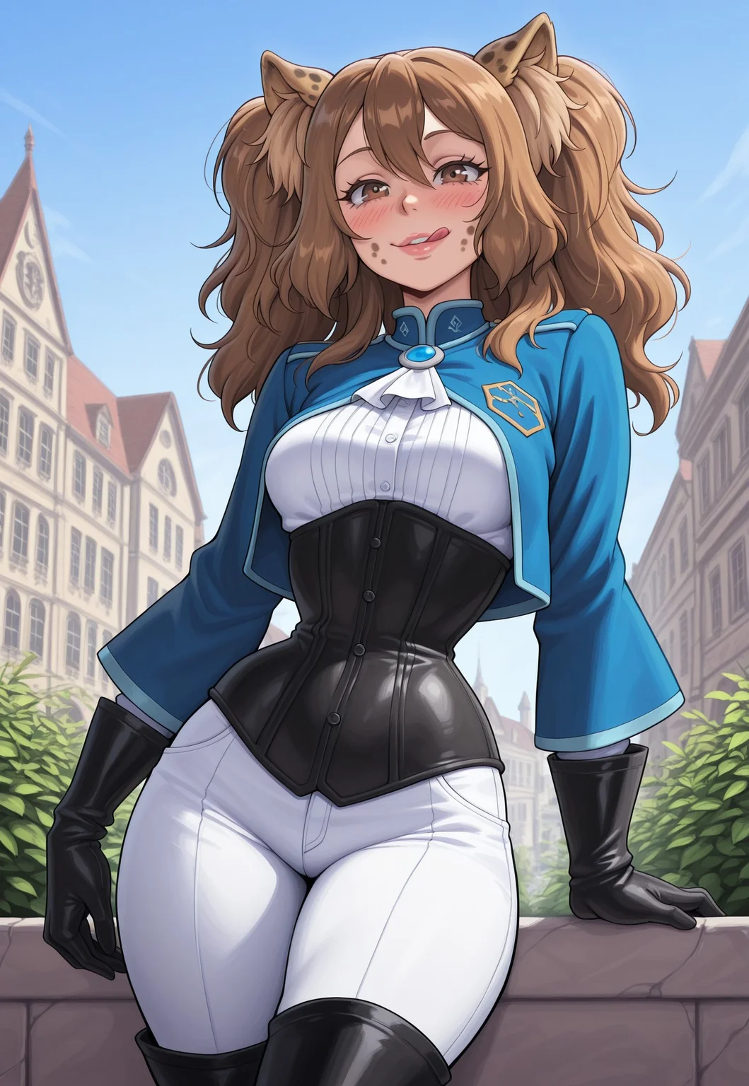 1girl. solo,
LovUEruza, CheetahEars, brown hair, EruRedEyes, , medium breasts, long hair, brown eyes,
cheeky smile,
black leather gloves, blue musketeer uniform, corset, narrow waist, black leather boots, white pants,
Eyes Slightly narrowed, pupils subtly dilated, a gaze "through the lashes" or from the corner of the eye, Lips Parted just a little, the tongue barely touching the upper lip, Blush
A soft hint of flush on the cheeks, neck, or décolletage.
cowboy shot.
outdoors, French Renaissance City, summer green plants, blue sky, blooming sakura,
blackmyst,
masterpiece, best quality, newest, absurdres, highres, ,amazing quality, (masterwork, masterpiece, best quality, hyper-detailed, 8k uhd::1.4), IllusP0s, masterpiece,best quality,amazing quality,very aesthetic,high resolution,ultra-detailed,absurdres,newest, masterpiece, best quality, amazing quality, very aesthetic, detailed eyes, perfect eyes, realistic eyes,