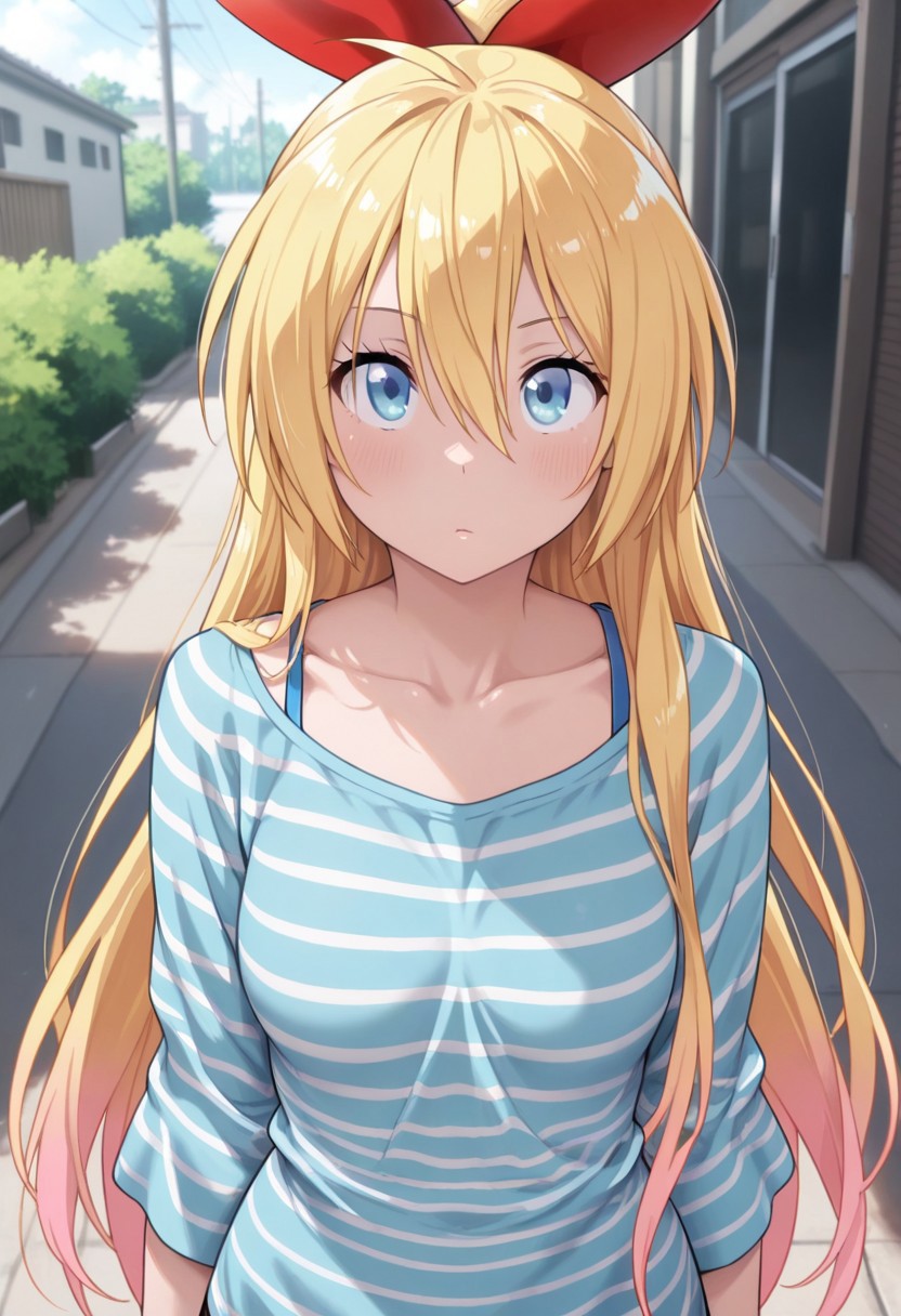 masterpiece,best quality,amazing quality, kirisaki chitoge, long hair, blonde hair, blue eyes, 1girl, solo, shirt, striped shirt, striped, outdoors, collarbone, hair between eyes, very long hair, red ribbon, bow, looking at viewer