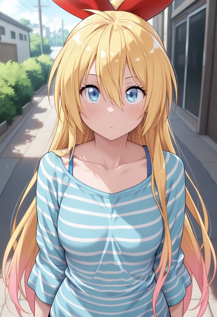 masterpiece,best quality,amazing quality, kirisaki chitoge, long hair, blonde hair, blue eyes, 1girl, solo, shirt, striped shirt, striped, outdoors, collarbone, hair between eyes, very long hair, red ribbon, bow, looking at viewer
