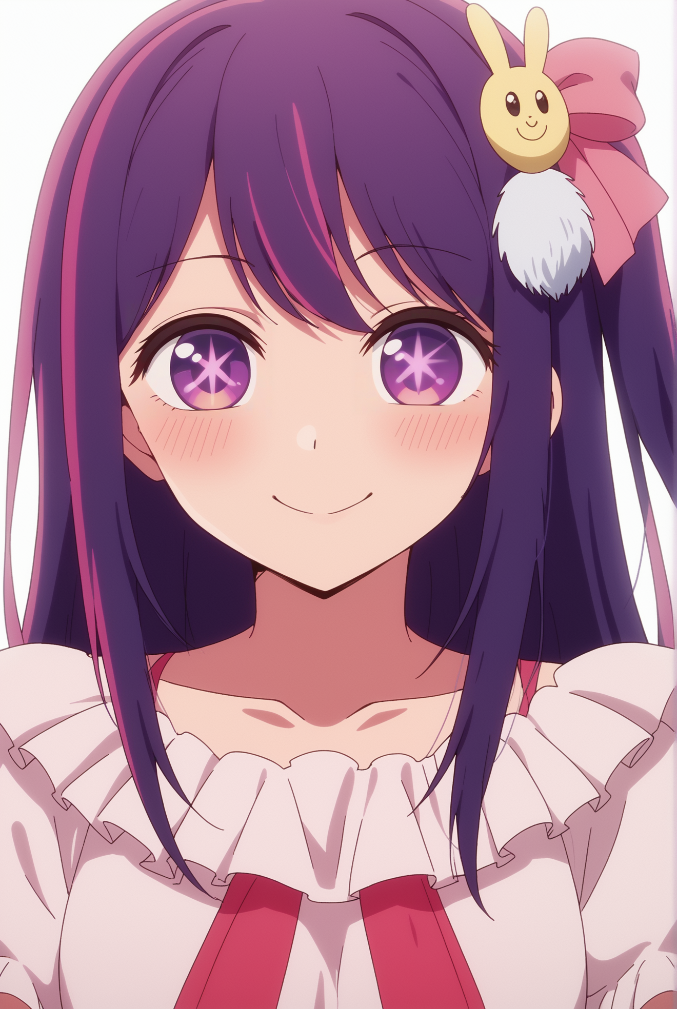<lora:Ai_Hoshino:0.8>, Ai Hoshino, idol clothes, white background, upper body, smile