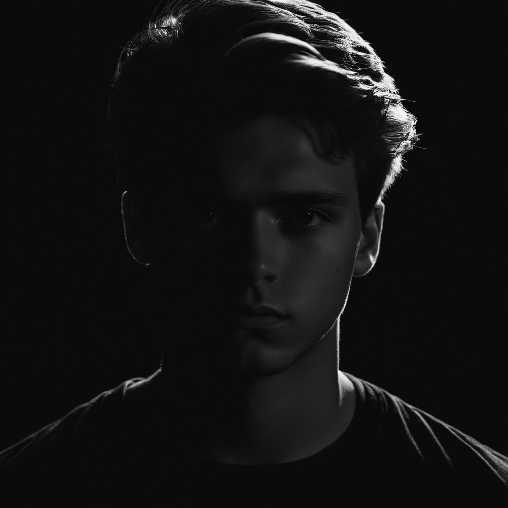 cinematic film still of  <lora:Low-key lighting Style:1>
dim light, low light, dramatic light, partially covered in shadow, a young man with a black shirt and a black background Low-key lighting Style,solo,looking at viewer,1boy,closed mouth,monochrome,greyscale,male focus,black background,portrait,dark, shallow depth of field, vignette, highly detailed, high budget, bokeh, cinemascope, moody, epic, gorgeous, film grain, grainy
