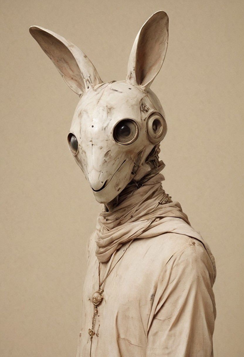 Craft a captivating neon-pastel caption for a photo capturing the essence of a cyborg Bedouin sorcerer, defying expectations by conjuring a whimsical robot 'freak' from an oversized top hat. The peculiar figure emerges clad in a comically ill-fitted rabbit costume, set against a vintage, smoky backdrop.
 very detailed, atmospheric haze, Film grain, cinematic film still, shallow depth of field, highly detailed, high budget, cinemascope, moody, epic, OverallDetail, gorgeous, 2000s vintage RAW photo, photorealistic, candid camera, color graded cinematic, eye catchlights, atmospheric lighting, skin pores, imperfections, natural, shallow dof